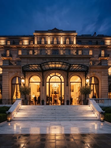 Symmetrical wide architectural shot of a luxury hotel facade at dusk, warm golden interior light spilling onto pristine marble steps, low-key dramatic lighting, 35mm