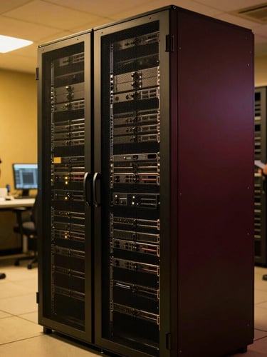 A pristine high-end server rack and security control room, security personnel in crisp dark uniforms visible in soft focus, dramatic low-key lighting with golden accents, 35mm.