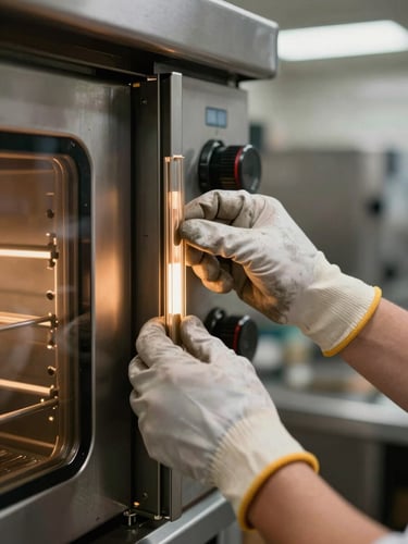 Close-up of a technician's hands adjusting a commercial oven door seal, worn gloves, warm tungsten workshop light, industrial kitchen background slightly out of focus