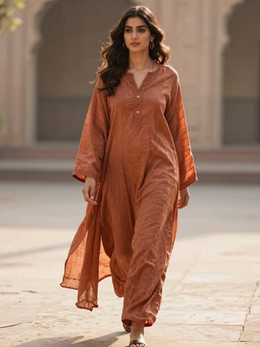 A woman wearing a beautifully draped terracotta linen suit, walking through a sunlit courtyard in Lahore, warm editorial fashion photography, 35mm
