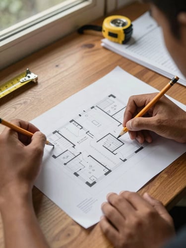 Close-up overhead shot of two Papuan hands reviewing a printed floor-plan document on a wooden table, pencil marks visible, natural north-facing window light, measuring tape and notes at the edge of the frame