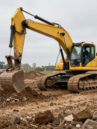 Ground-level view of a tracked excavator cutting into raw earth on a construction site, overcast natural daylight revealing soil layers, operator's cab visible to the right, loose material piled in the foreground mid-frame