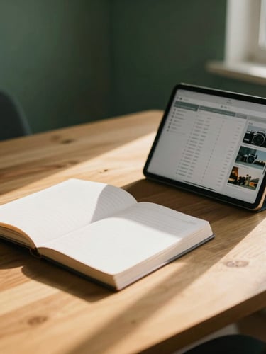 A warm, minimalist workspace in Maputo with soft afternoon sunlight streaming across a wooden table, a physical planner open next to a clean tablet screen displaying a structured layout, 35mm photography
