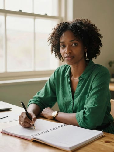 A warm editorial portrait of a Black woman systems thinker in her Maputo workshop, soft late-afternoon window light, wooden desk with physical planners, 35mm
