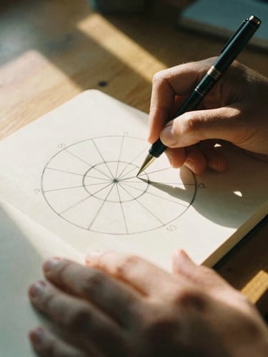 Close-up of hands sketching a 10-domain wheel diagram on a physical notebook, warm late-afternoon sunlight casting soft shadows on a wooden desk in Maputo, 35mm