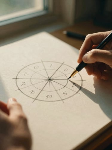 Warm editorial close-up of hands sketching a 10-domain wheel diagram on thick textured paper, soft late-afternoon gold light, shallow depth of field, 35mm
