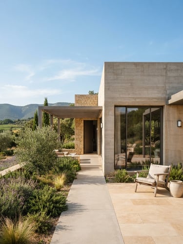 High-end architectural photography of a minimalist concrete house in Southern France, bright natural daylight, soft shadows, warm beige tones, 35mm lens