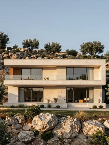 Modern residential villa facade integrated into a limestone hillside in Provence, olive trees, late afternoon golden light, minimalist architectural photography