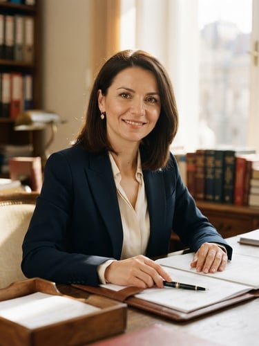 Close-up portrait of Notary Mădălina Fraiu in a sunlit Timișoara office, warm natural light from a high window, soft focus on legal volumes in the background, professional and reassuring, 35mm photography.