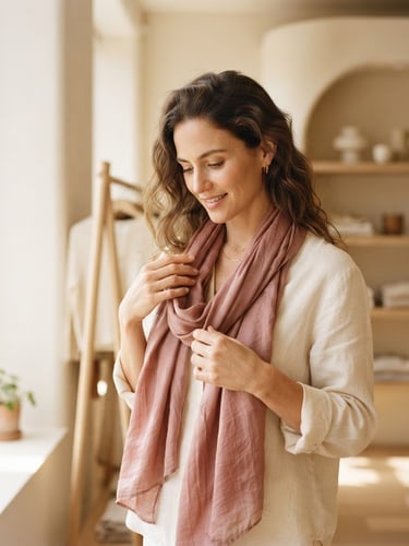 An elegant woman in a soft cream-colored linen blouse gently adjusting a dusty rose silk scarf, warm morning window light casting soft shadows, minimalist boutique interior in the background, shallow depth of field, 35mm editorial fashion photography
