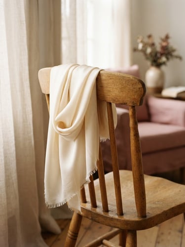 Warm editorial fashion photography of a soft cream-colored silk scarf draped elegantly over a wooden chair, soft morning window light, cream and dusty rose tones, shallow depth of field, 35mm
