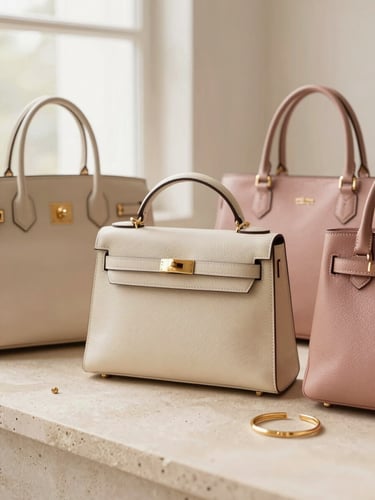 Premium leather bags and delicate gold accessories arranged on a beige stone surface, warm lighting