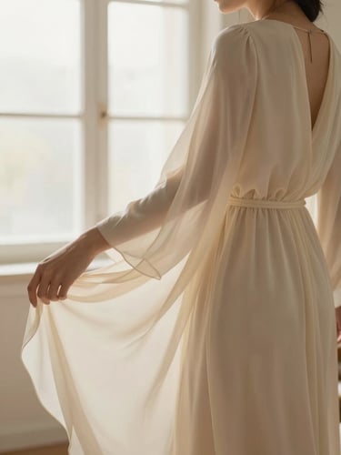 Elegant modest women's fashion, flowing cream dress, soft drape, warm natural lighting