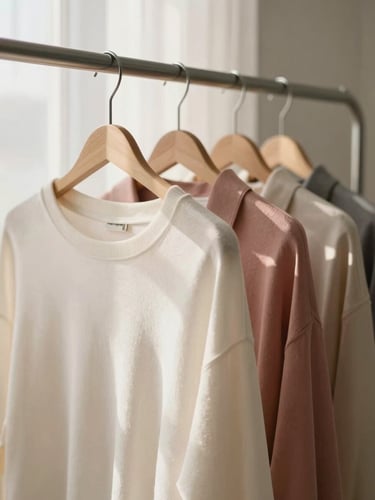 New arrival fashion items on a minimalist hanger, soft morning window shadows