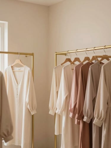 Warm minimalist boutique interior in Ampang, soft beige walls, delicate gold clothing racks displaying cream and dusty rose garments, soft morning light