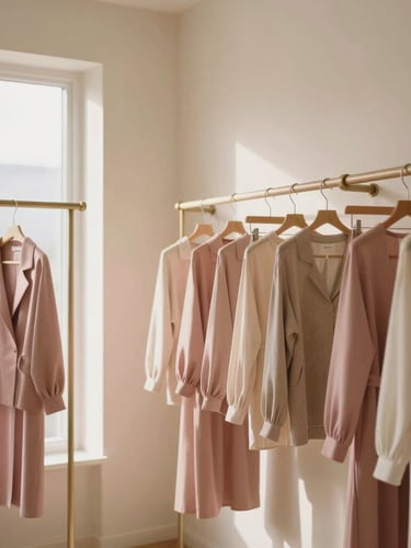 A warm, minimal boutique interior with cream-colored walls, elegant wooden clothing racks displaying soft pink and beige garments, soft morning window light, shallow depth of field, 35mm