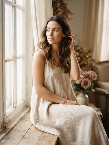 Warm editorial fashion portrait of a woman in a flowing beige linen dress, soft morning window light, cream and dusty rose tones, shallow depth of field, 35mm