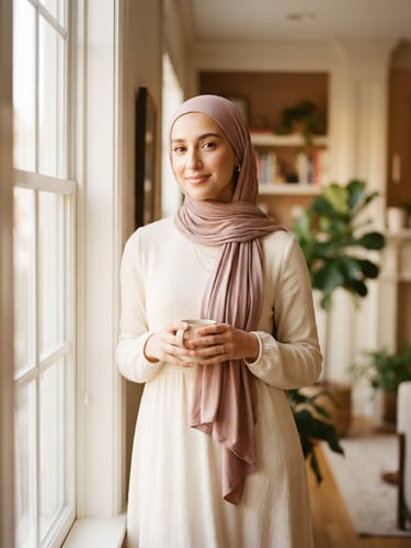 A medium editorial portrait of an elegant woman wearing a soft cream-colored modest dress and a dusty rose scarf, soft morning window light, shallow depth of field, 35mm
