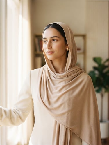 Elegant woman wearing a soft beige modest scarf and a tailored cream sleeve, warm morning window light, shallow depth of field
