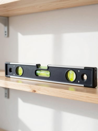 A level tool resting perfectly on a newly mounted wooden shelf in a bright modern apartment, sharp focus, 35mm lens, bright natural indoor daylight, clean high-contrast tones