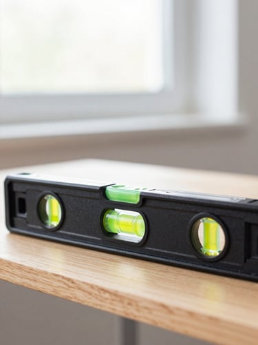 Close-up of a professional spirit level resting perfectly flat on a clean wooden shelf, bright natural indoor daylight, crisp editorial photography, sharp focus, 35mm lens
