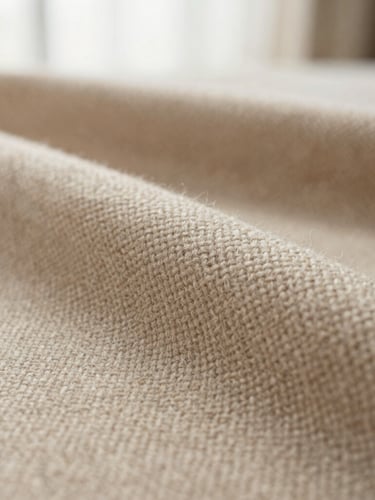Close-up macro shot of premium deadstock wool fabric texture, showing the intricate weave and rich oatmeal color under soft window light.