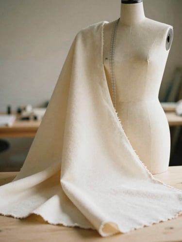Medium shot of a tailor draping cream wool fabric on a minimalist mannequin in a sunlit studio, warm sandy tones, shallow depth of field, 35mm film