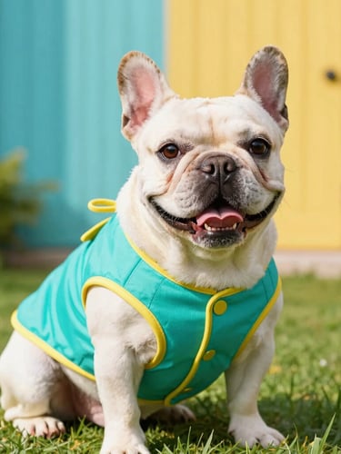 Vibrant pet photography, eye-level medium shot of a happy French Bulldog looking at the camera, wearing a custom-tailored bright teal vest with yellow trim, sunny outdoor park background, rich saturated tones.