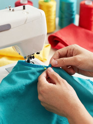 Close-up of hands carefully stitching a vibrant teal pet vest with a sewing machine, colorful threads and soft fabrics in the background, warm natural light