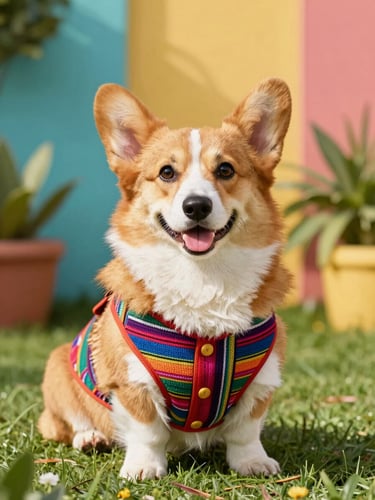 Happy fluffy corgi wearing a colorful custom-tailored Mexican vest, sitting in a bright sunny garden, looking directly at the camera, vibrant tones, eye-level medium shot.