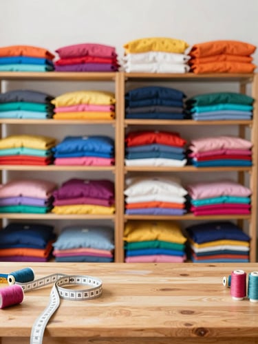 Bright warm photography of a cozy sewing workshop in Celaya, colorful pet fabrics stacked neatly on shelves, soft daylight illuminating a wooden work table with measuring tapes