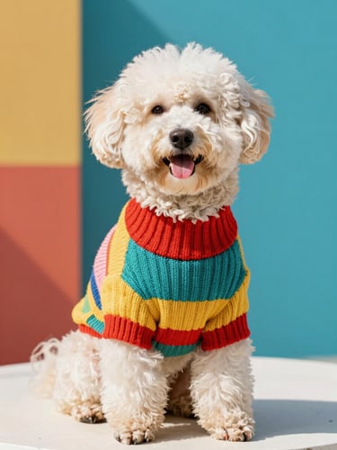 A happy fluffy dog wearing a colorful custom-tailored knit sweater, sitting comfortably, bright natural outdoor daylight, eye-level medium shot