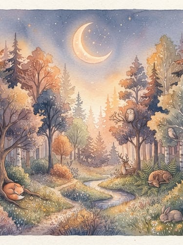 Dreamy watercolor illustration of a sleeping forest under a soft crescent moon, warm diffused golden-hour light, muted warm pastel tones, delicate paper texture, atmospheric