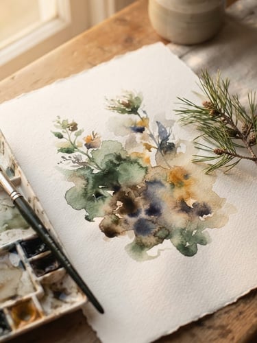 Overhead soft-focus shot of watercolor paint pooling on textured cotton paper, delicate pine branch resting beside the palette, warm morning window light