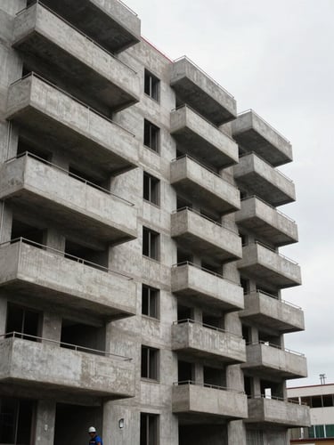 Finished residential apartment block photographed from street level in flat overcast light, exposed concrete balcony edges and window reveals in sharp detail, a worker in hard hat visible near the entrance for scale, no staging or interior decoration