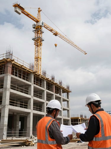 Wide documentary shot of an active construction site in Turkey, concrete framework rising on the left third, a yellow crane visible against overcast sky, two workers in hard hats and orange vests reviewing structural plans in the foreground, natural daylight, no staging