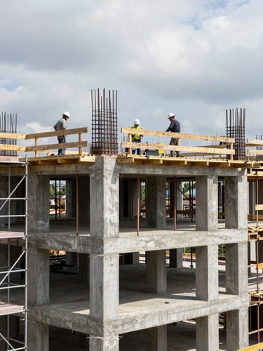 Residential construction site mid-progress, concrete frame floors visible, workers in hard hats on upper slab, overcast daylight, scaffolding on left edge, structural column reinforcement bars protruding at top