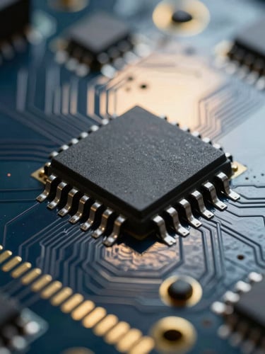 Macro close-up of custom electronic circuitry overlaid with cool-toned laboratory backlighting, sharp focus on gold contacts and microchips, cinematic scientific photography.