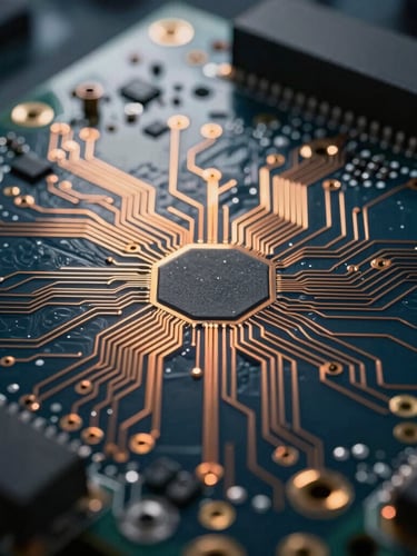 High-contrast macro photograph of a complex multilayered circuit board, cool-toned laboratory backlighting, warm golden sunrise-orange light tracing the copper pathways, sharp technical focus.