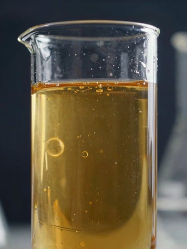 Macro shot of glass laboratory vessel containing a vibrant gold functional sports beverage, backlit by cool laboratory light with sharp reflections.