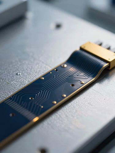 Macro photograph of a flexible biosensor circuit board resting on silver metallic mesh, cool-toned laboratory backlighting with a sharp gold light accent.