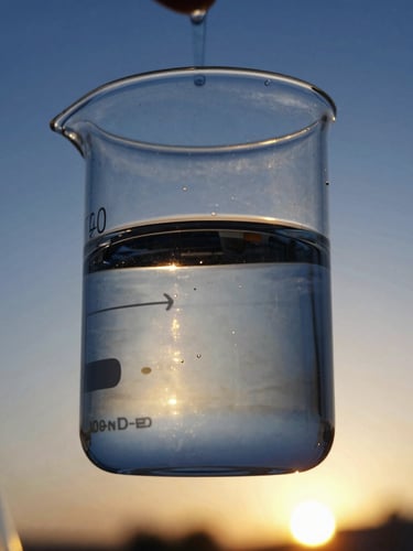 Close-up of laboratory glassware containing a clear formulation, backlit by cool blue light with a warm golden sunrise horizon visible in the background.