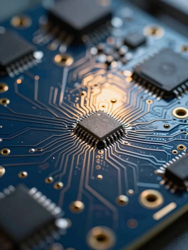 Macro close-up of a high-density multi-layered circuit board, cool-toned blue laboratory backlighting, warm golden sunrise light reflecting off metallic solder paths, sharp focus on micro-components.