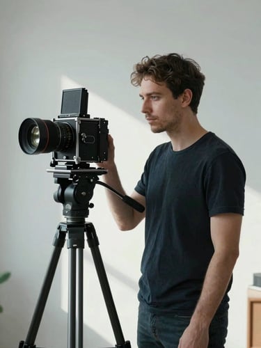 Close three-quarter view of a male photographer in a spare studio, standing beside a large-format camera on a tripod, cool north-facing daylight falling across his face and one shoulder from the left, architectural white wall behind him, expression still and attentive — no smile, no performance, formal working presence
