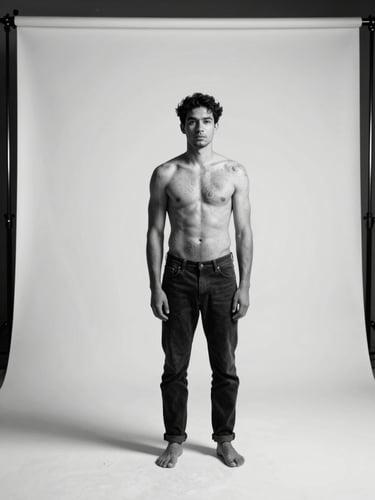Studio portrait, male figure standing full-body against a stark white seamless backdrop, precise strobe lighting from upper left casting a clean shadow, torso and shoulder in sharp relief, skin texture rendered as topographic fact, black and white, editorial framing with generous negative space above