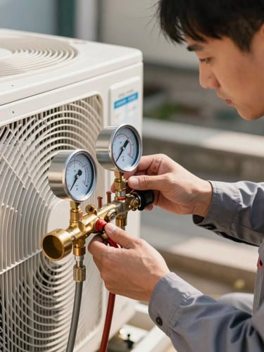 Tight technical close-up of a professional technician in a clean slate-gray uniform adjusting a brass manifold pressure gauge on an outdoor air conditioning condenser unit, bright natural afternoon sunlight.