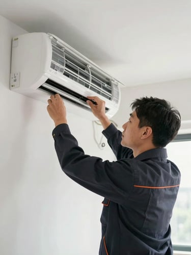 Medium shot of an authentic technician in a clean dark uniform installing a modern wall-mounted air conditioning unit, bright natural indoor lighting, focused on precise alignment