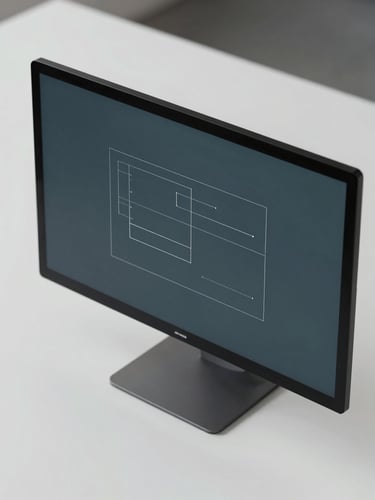 Clean overhead angle of a minimalist workspace with a single high-contrast vector chart on a monitor, soft diffused daylight, desaturated slate tones