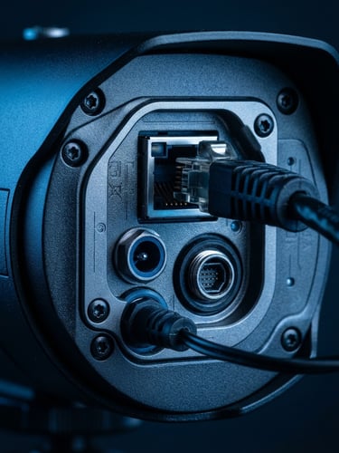 Macro detail shot of a sleek outdoor security camera port under cool blue studio lighting, sharp technical precision
