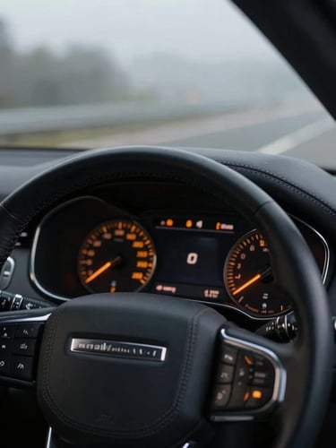 Cinematic close-up of a premium black SUV dashboard, sharp amber instrument lighting, clean leather stitching, early morning highway mist visible through the windshield.